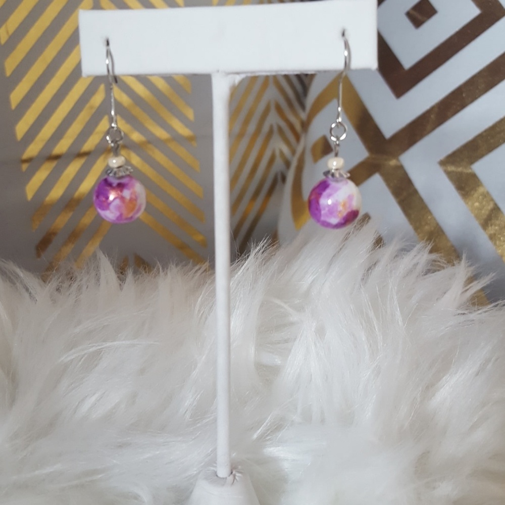 Purple/White marble dangle earrings